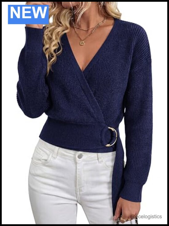 Sweaters - Long Sleeve Wrap V Neck Belted Knit Sweater Women Fall Winter